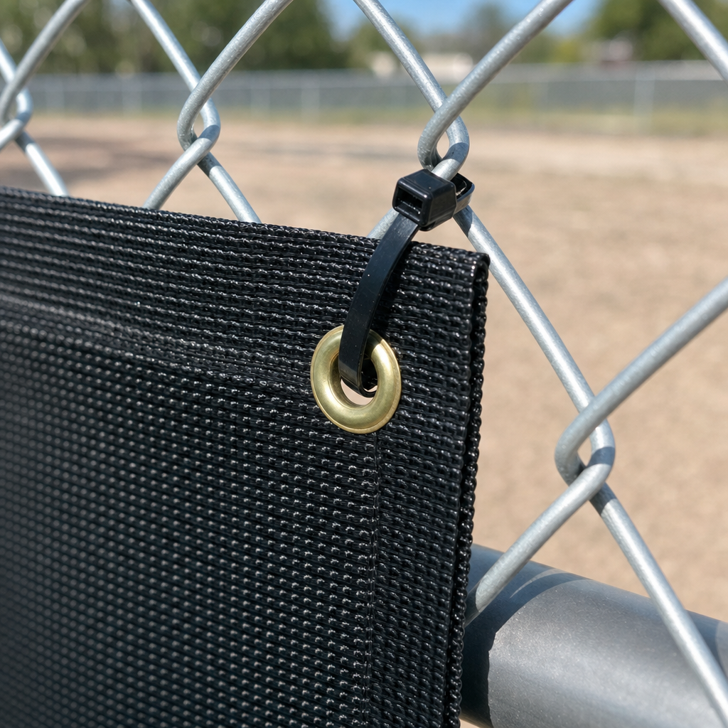 Heavy-duty zip ties fastening windscreen mesh through the grommets of a galvanized chain-link fence panel
